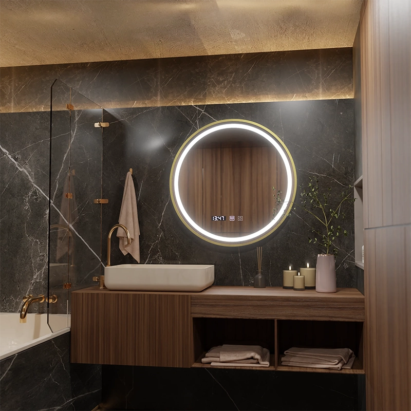 LUSSO LED Touch Mirror, De-fogging System, Clock and Temperature, 50 cm, Brushed Gold frame