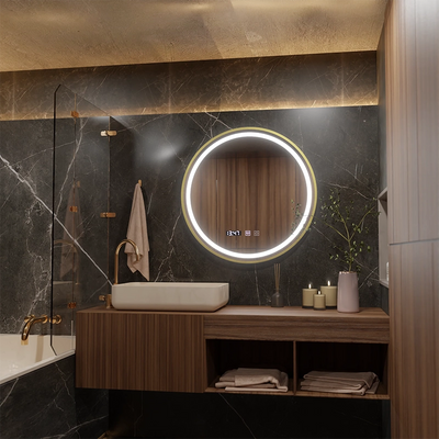 LUSSO LED Touch Mirror, De-fogging System, Clock and Temperature, 50 cm, Brushed Gold frame