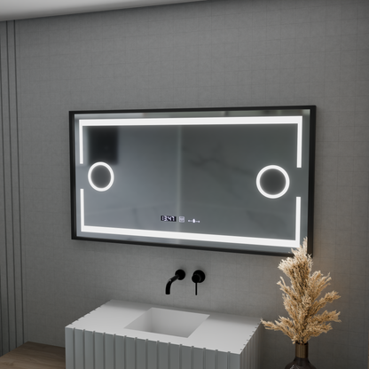LED mirror MotionGlow Domingo sensor with defogging function Thermometer Clock 120x65 cm Dimmable Cold/Warm/Neutral Light, Brushed Black Frame, Marcello Funghi collection Marcello Mirrors Default Title Alessandro Design