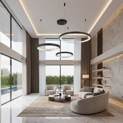Suspended LED chandelier with remote control, K9 Crystals, 80W, 3 Circles, Cold/Warm/Neutral light, Dimmable, Black, Height Adjustable