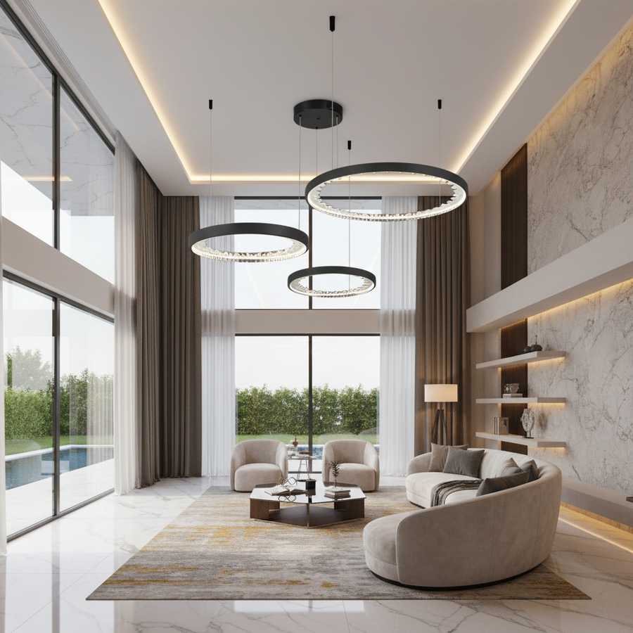 Suspended LED chandelier with remote control, K9 Crystals, 80W, 3 Circles, Cold/Warm/Neutral light, Dimmable, Black, Height Adjustable