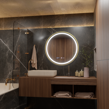 LUSSO LED Touch Mirror, Demister System, Clock and Temperature, Diameter 60cm, Brushed Gold Frame, Warm Cold Neutral Light 3000K/4500K/6000K, Dimmable Korman S Mirrors Default Title Alessandro Design