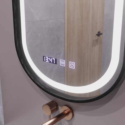 Mirror LED Touch Helmut De-fogging System, Clock and Temperature 50x90 cm Black Frame Brushed Marcello Funghi