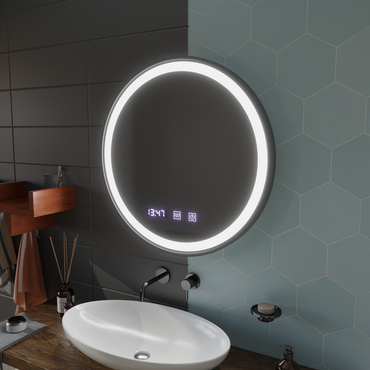 LED Touch Mirror NOVARA Demister System, Clock and Temperature 70 cm Black Frame Brushed Korman Mirrors S Default Title Alessandro Design