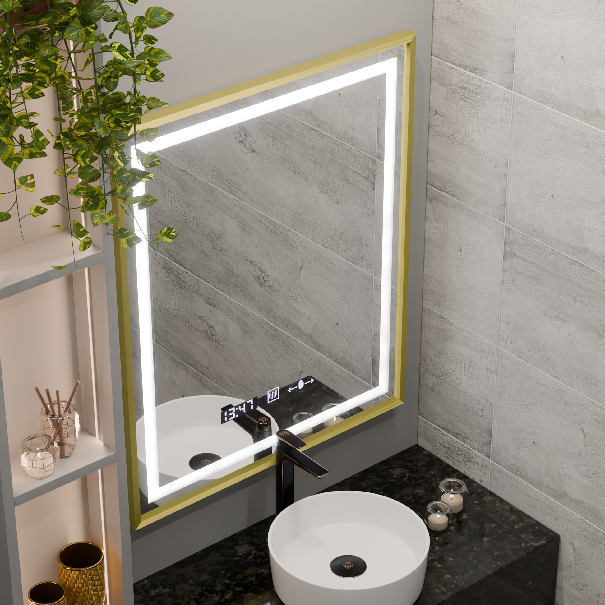 Rectangular LED Mirror, 75x90cm, Verite Royale Gold MotionGlow Marcello, De-fogging System, Clock & Thermometer, Dimable Mirrors Marcello Default Title Alessandro Design