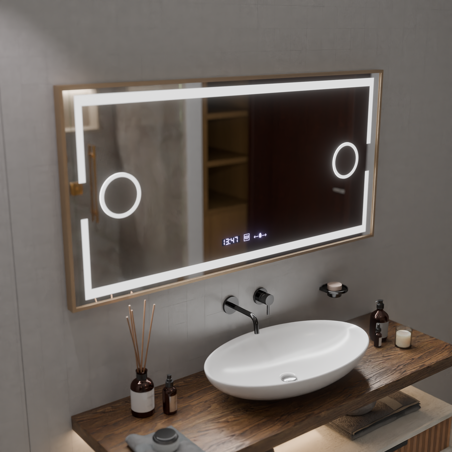 LED mirror MotionGlow Sofia sensor with defog function Thermometer Clock 110x65 cm Warm/Cold/Neutral Light Dimmable, Rose Gold Frame, Marcello Funghi Collection Marcello Mirrors Default Title Alessandro Design