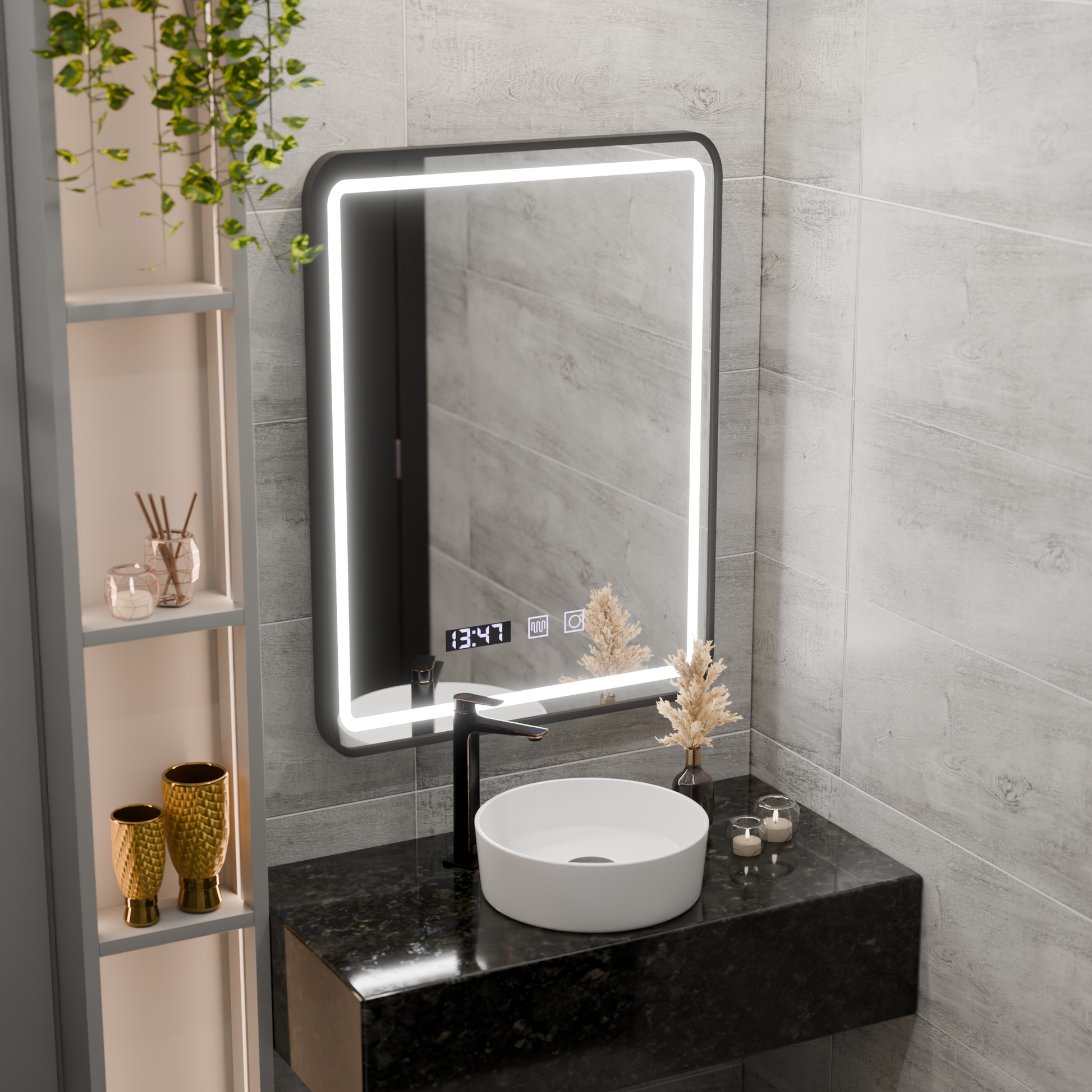 Mirror LED Touch LUCIDA De-fogging System, Clock and Temperature 50x70 cm Frame Black Brushed Mirrors Korman S Default Title Alessandro Design