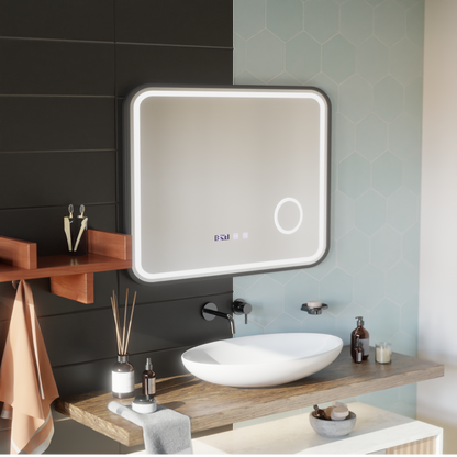 LED Touch Bernd Mirror De-fogging System, Clock and Temperature 80x60 cm Black Frame Brushed Cosmetic Magnifier Mirrors Korman S Default Title Alessandro Design
