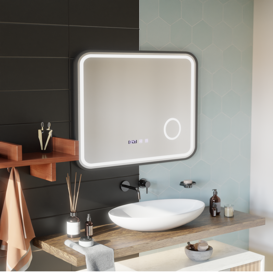 LED Touch Bernd Mirror De-fogging System, Clock and Temperature 80x60 cm Black Frame Brushed Cosmetic Magnifier Mirrors Korman S Default Title Alessandro Design