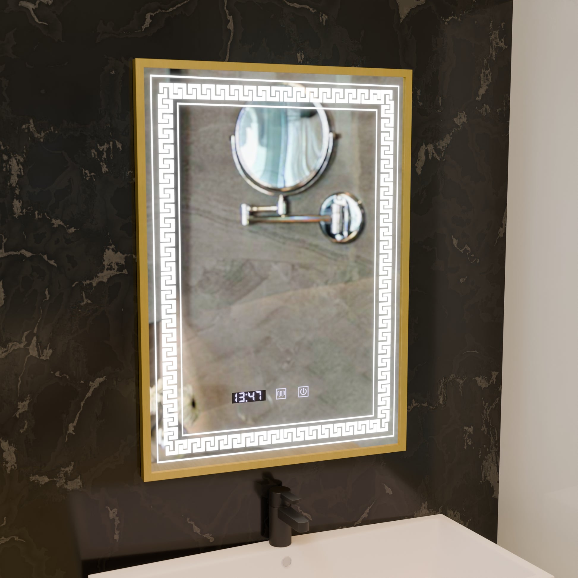 Mirror LED Touch Bruno Demister System, Clock and Temperature 60x80 cm Brushed Gold Frame, S84/60X80 Mirrors Korman S Default Title Alessandro Design