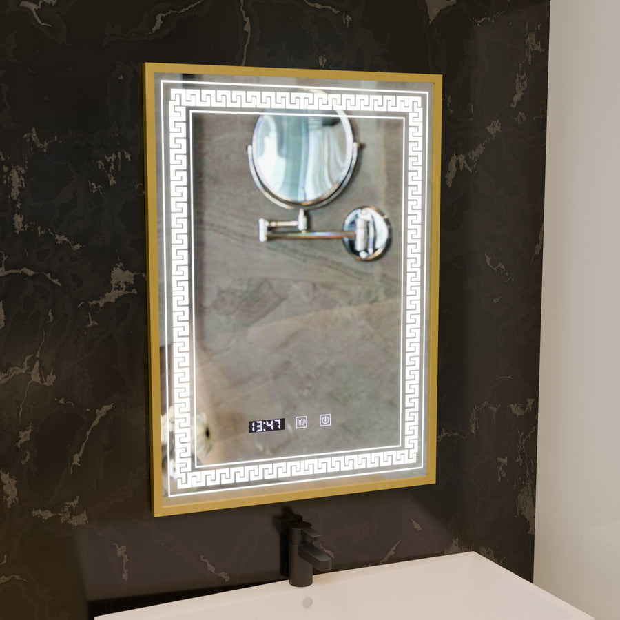 Mirror LED Touch Bruno Demister System, Clock and Temperature 60x80 cm Brushed Gold Frame, S84/60X80 Mirrors Korman S Default Title Alessandro Design