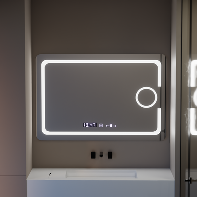 Rectangular LED mirror, 110x75cm, Eclat MotionGlow Marcello, Demister System, Clock & Thermometer, Cosmetic Magnifier, Dimmable