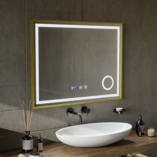 LED Touch CLARUS Mirror De-fogging System, Clock and Temperature 80x60 cm Gold Frame Brushed Cosmetic Magnifier Mirrors Korman S Default Title Alessandro Design