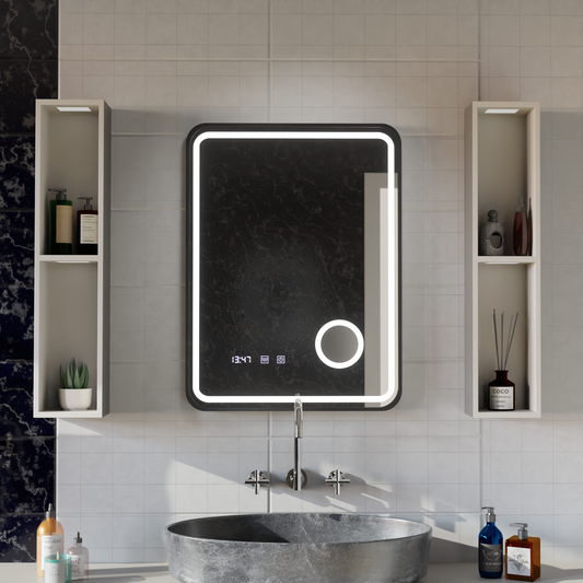 Ulrich LED Touch Mirror De-fogging System, Clock and Temperature 75x90 cm Black Frame Brushed Cosmetic Magnifier Mirrors Korman S Default Title Alessandro Design