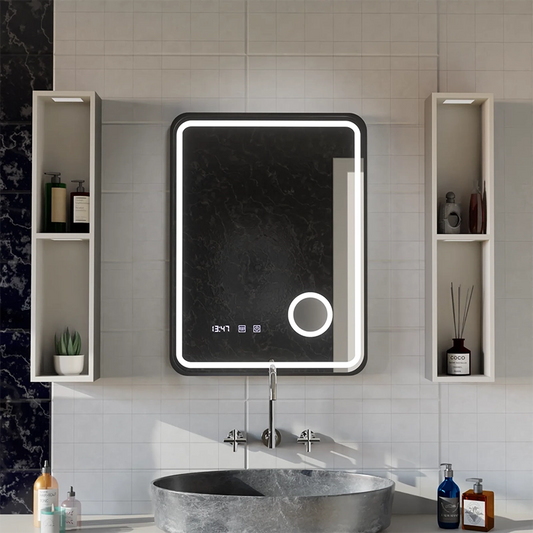 Ulrich Touch LED Mirror Defog System, Clock and Temperature 60x80 cm Brushed Black Frame Cosmetic Magnifier