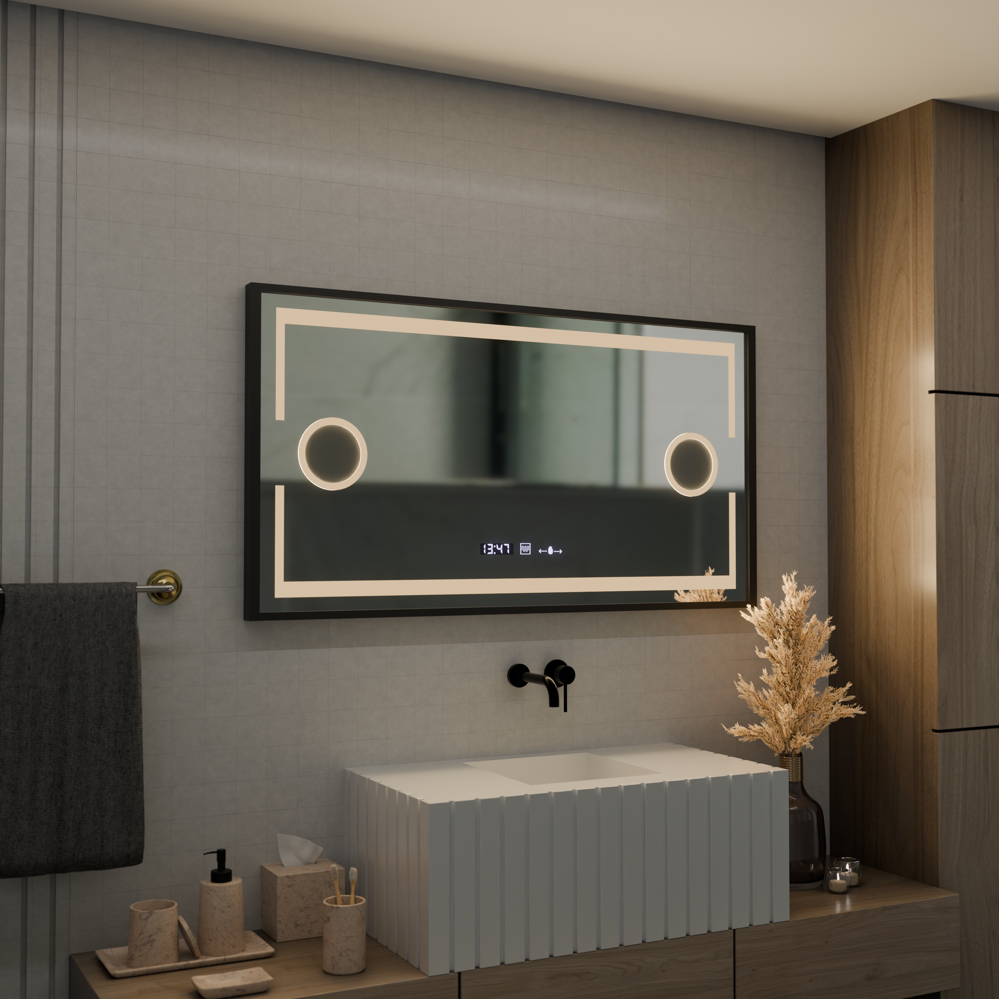 LED mirror MotionGlow Domingo sensor with defogging function Thermometer Clock 120x65 cm Dimmable Cold/Warm/Neutral Light, Brushed Black Frame, Marcello Funghi collection Marcello Mirrors Default Title Alessandro Design