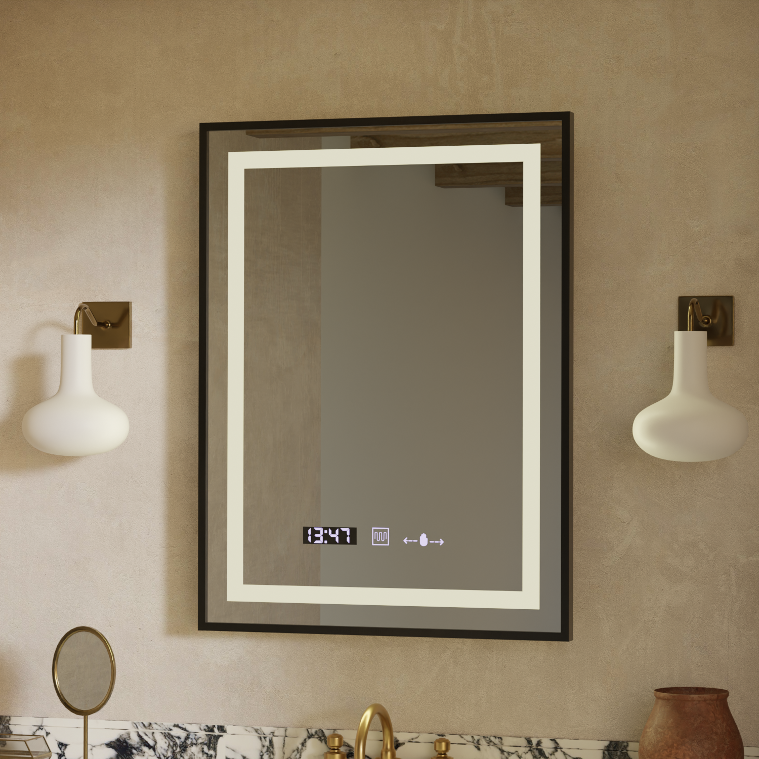 Rectangular LED Mirror, 50x70cm, Verite Majeste Noir Motion Glow Marcello, De-fogging System, Clock & Thermometer, Dimable Mirrors Marcello Default Title Alessandro Design