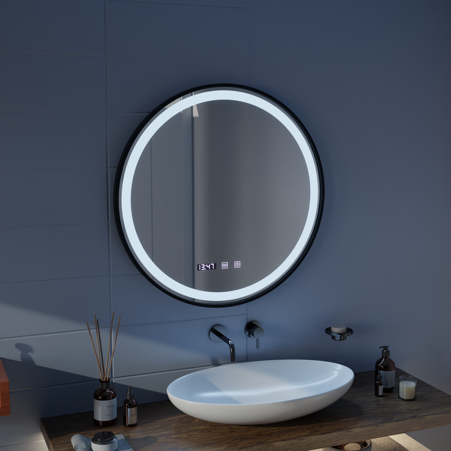 LED Touch Mirror NOVARA De-fogging System, Clock and Temperature 50 cm Black Frame Brushed Mirrors Korman S Default Title Alessandro Design