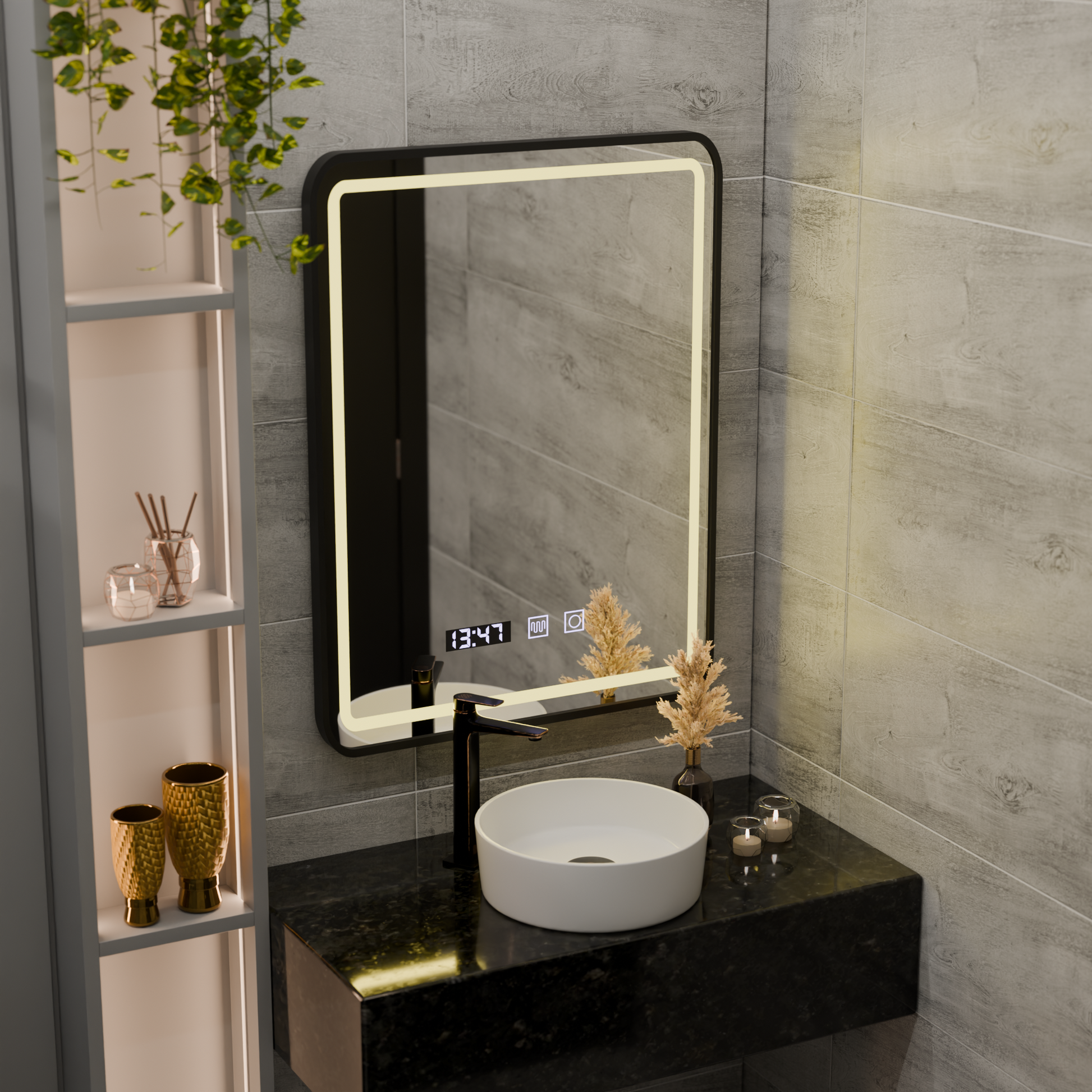 Mirror LED Touch LUCIDA De-fogging System, Clock and Temperature 50x70 cm Frame Black Brushed Mirrors Korman S Default Title Alessandro Design