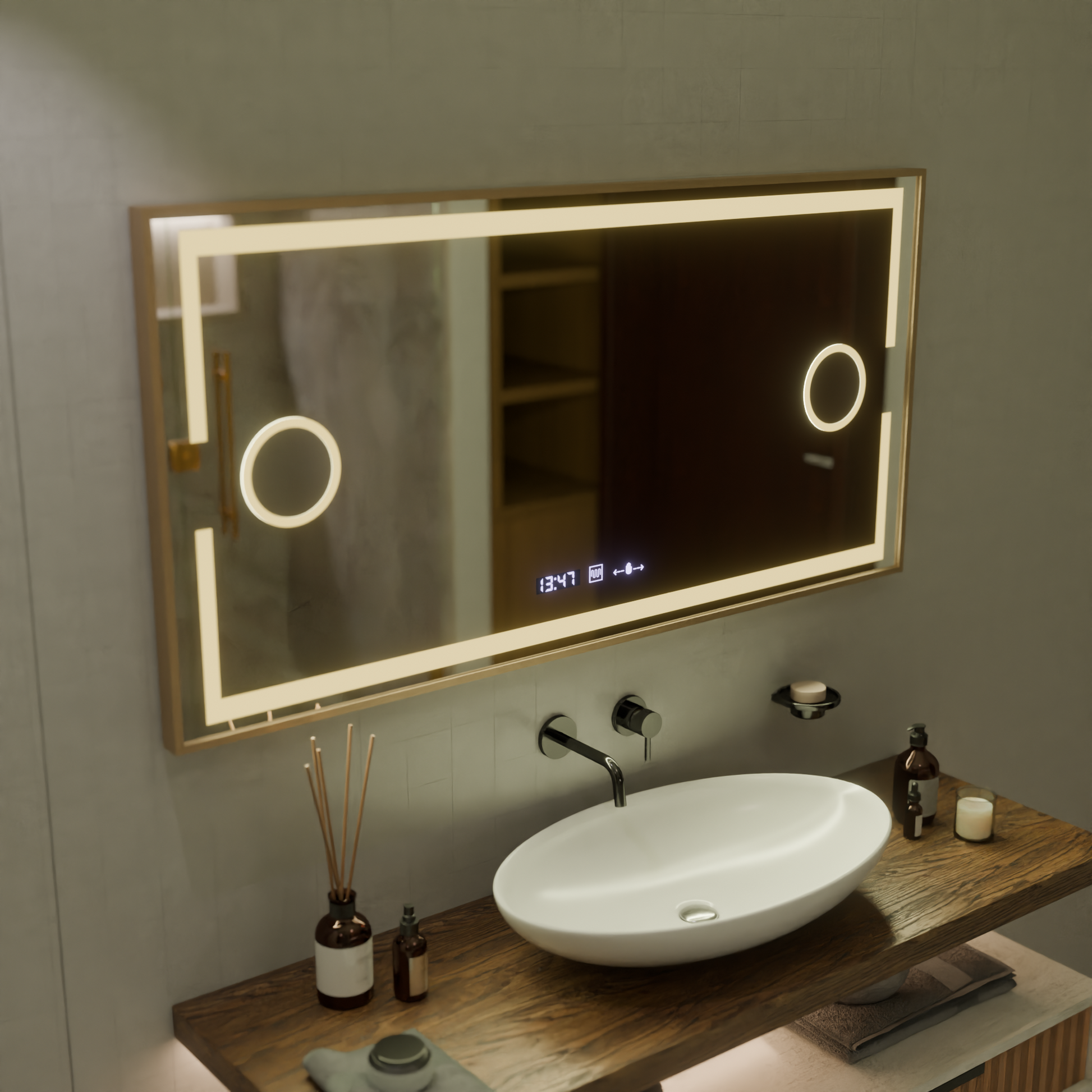 LED mirror MotionGlow Sofia sensor with defog function Thermometer Clock 110x65 cm Warm/Cold/Neutral Light Dimmable, Rose Gold Frame, Marcello Funghi Collection Marcello Mirrors Default Title Alessandro Design