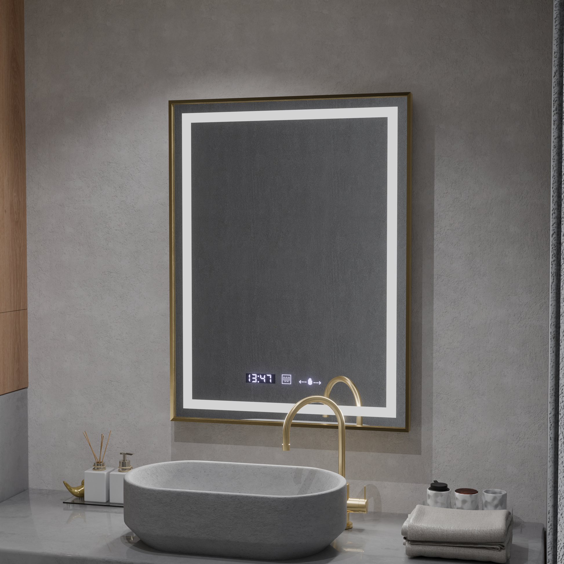 Rectangular LED Mirror, 60x80cm, Verite Royale Gold MotionGlow Marcello, De-fogging System, Clock & Thermometer, Dimable Mirrors Marcello Default Title Alessandro Design