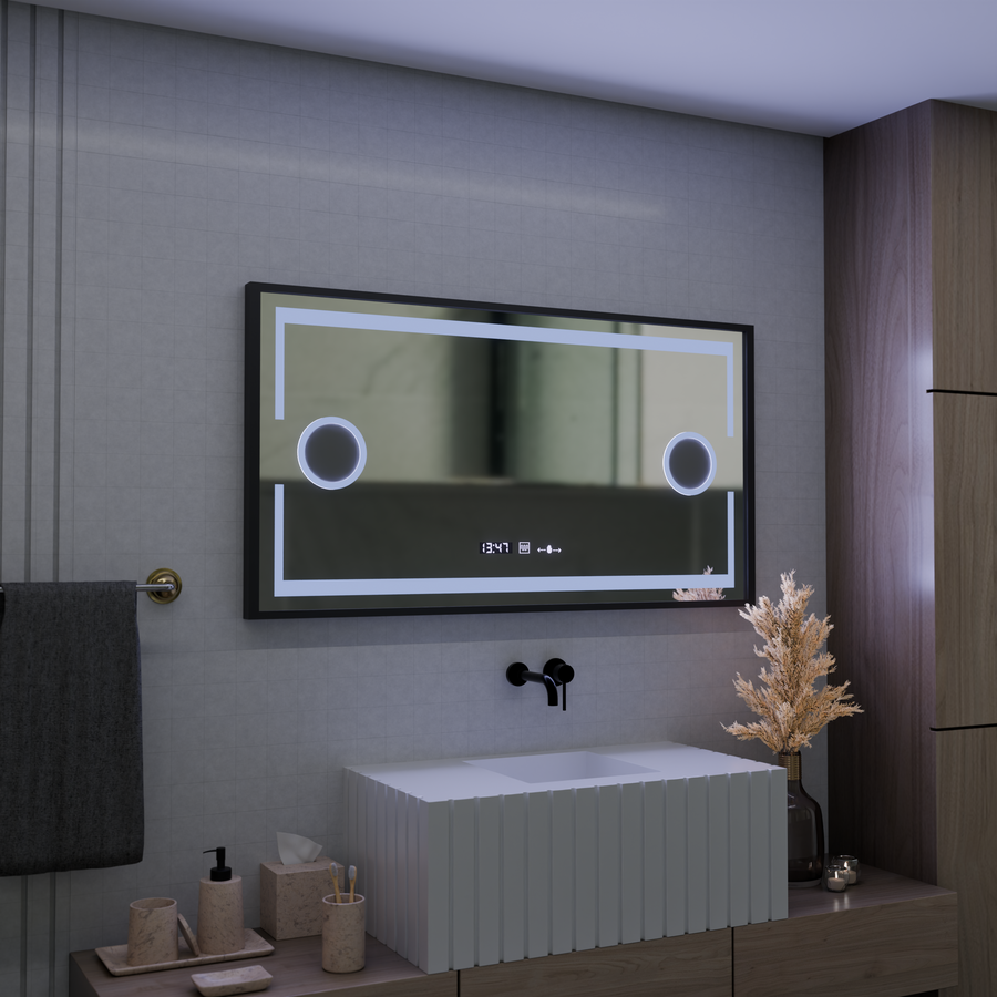 LED mirror MotionGlow Domingo sensor with defogging function Thermometer Clock 120x65 cm Dimmable Cold/Warm/Neutral Light, Brushed Black Frame, Marcello Funghi collection Marcello Mirrors Default Title Alessandro Design