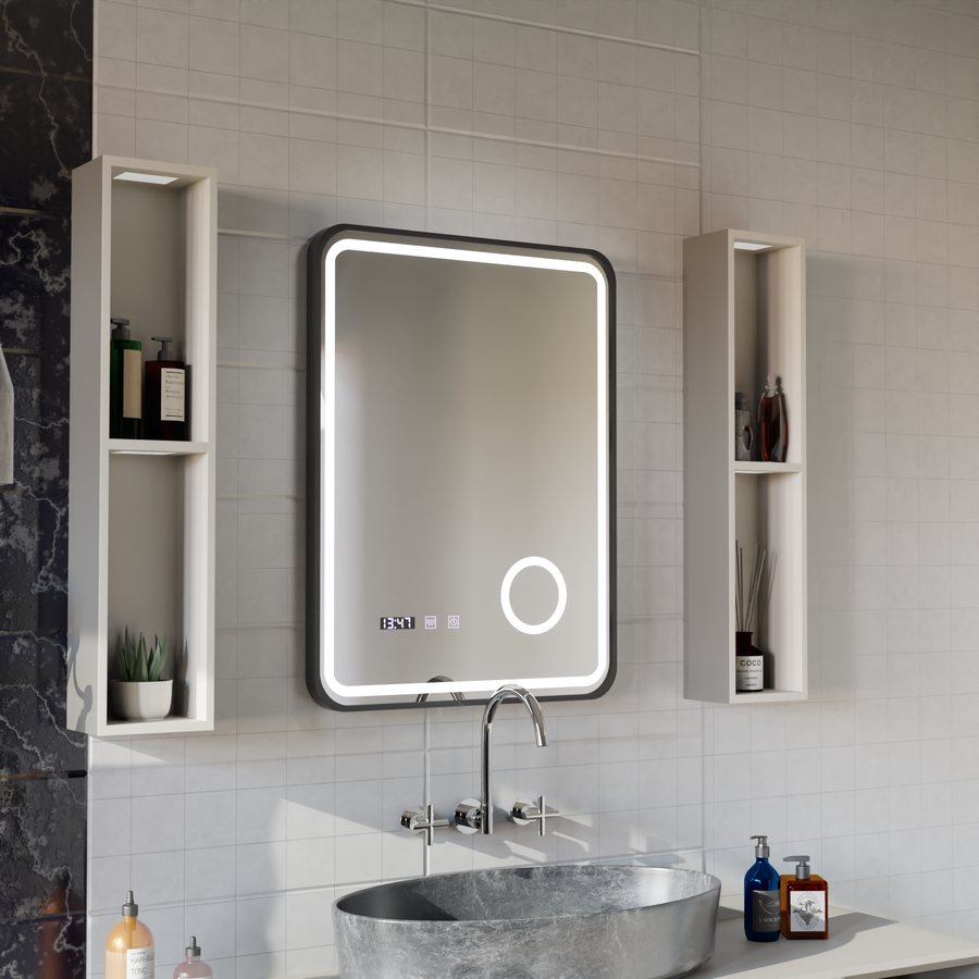 Ulrich LED Touch Mirror De-fogging System, Clock and Temperature 75x90 cm Black Frame Brushed Cosmetic Magnifier Mirrors Korman S Default Title Alessandro Design