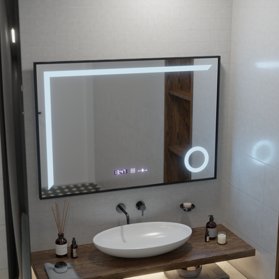 LED Mirror Sensor MotionGlow Sofia with Defog function Thermometer Clock 110x75 cm Warm/Cold/Neutral Light Dimmable, Brushed Black Frame, Marcello Funghi Collection
