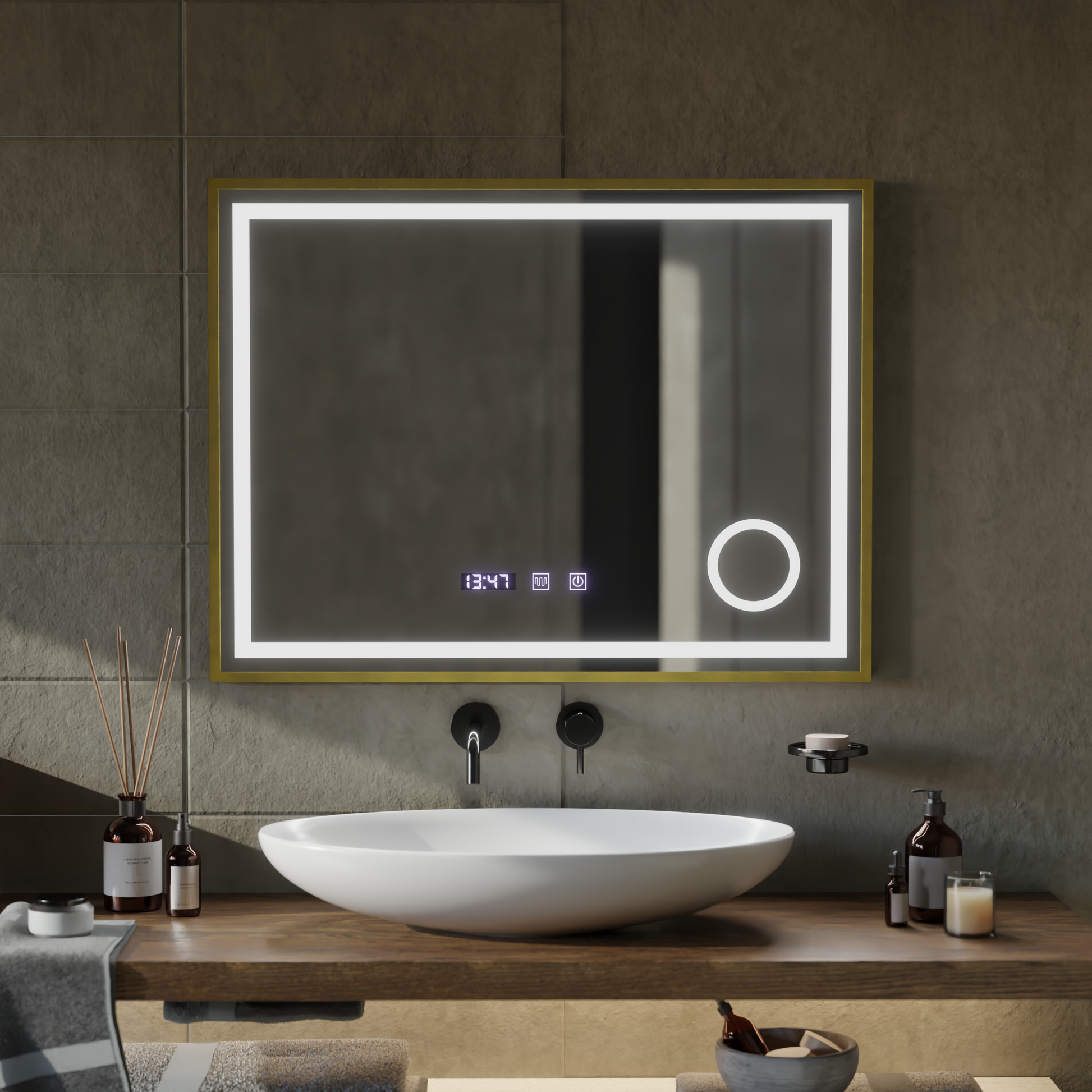 LED Touch CLARUS Mirror De-fogging System, Clock and Temperature 80x60 cm Gold Frame Brushed Cosmetic Magnifier Mirrors Korman S Default Title Alessandro Design