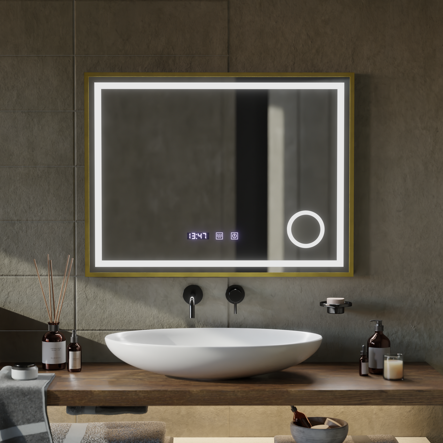 LED Touch CLARUS Mirror De-fogging System, Clock and Temperature 80x60 cm Gold Frame Brushed Cosmetic Magnifier Mirrors Korman S Default Title Alessandro Design