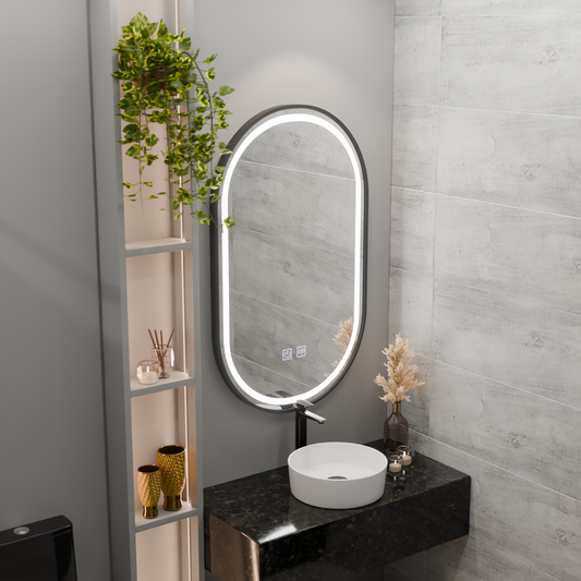 Oval LED Mirror 50x100cm VETRO Touch Dimable Demister System, Black Frame Korman Mirrors E Default Title Alessandro Design