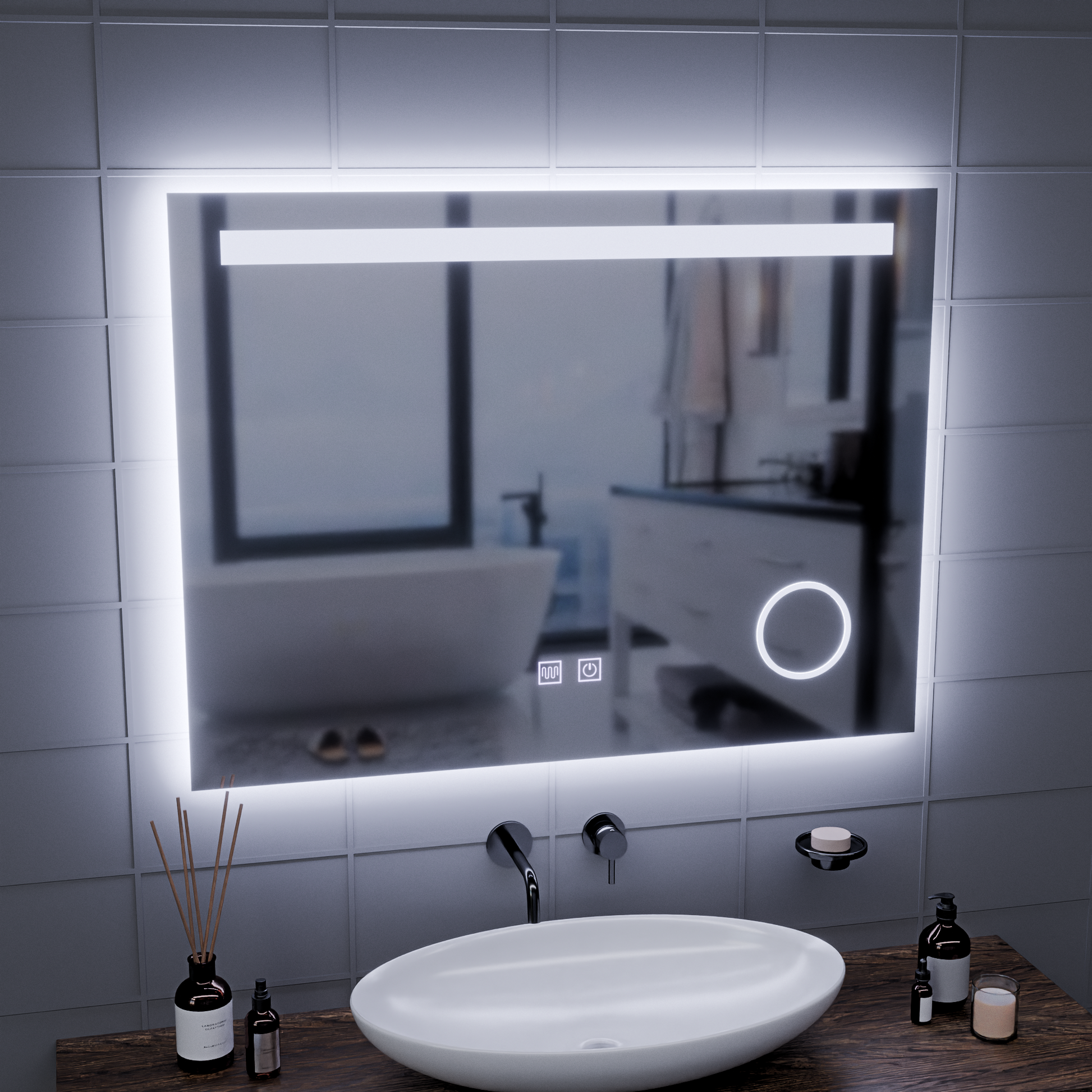 Rectangular LED Mirror, 80x60cm, Piano Touch, Demister System, Dimmable, Cold Light 6000K Mirrors Korman E Default Title Alessandro Design