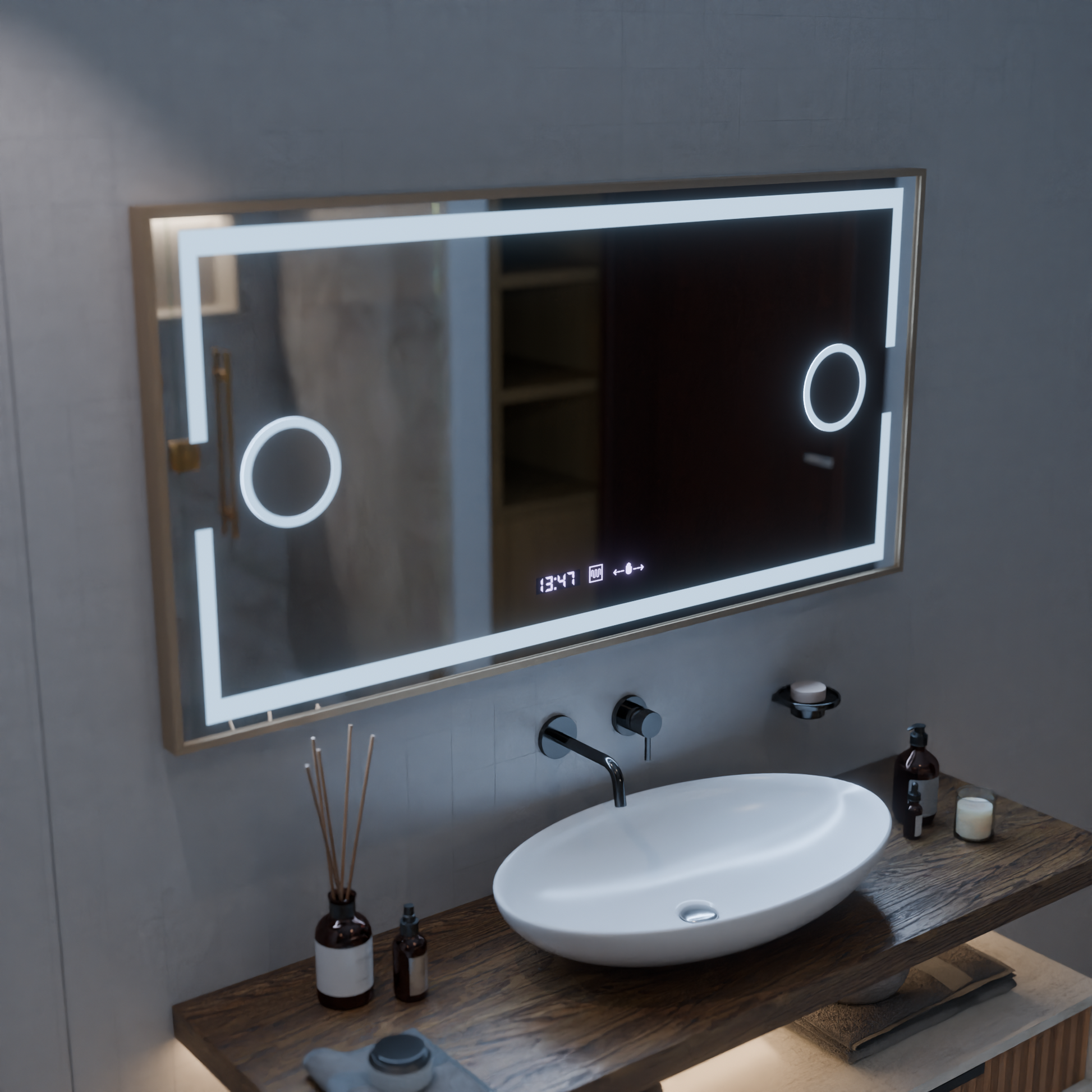 LED mirror MotionGlow Sofia sensor with defog function Thermometer Clock 110x65 cm Warm/Cold/Neutral Light Dimmable, Rose Gold Frame, Marcello Funghi Collection Marcello Mirrors Default Title Alessandro Design