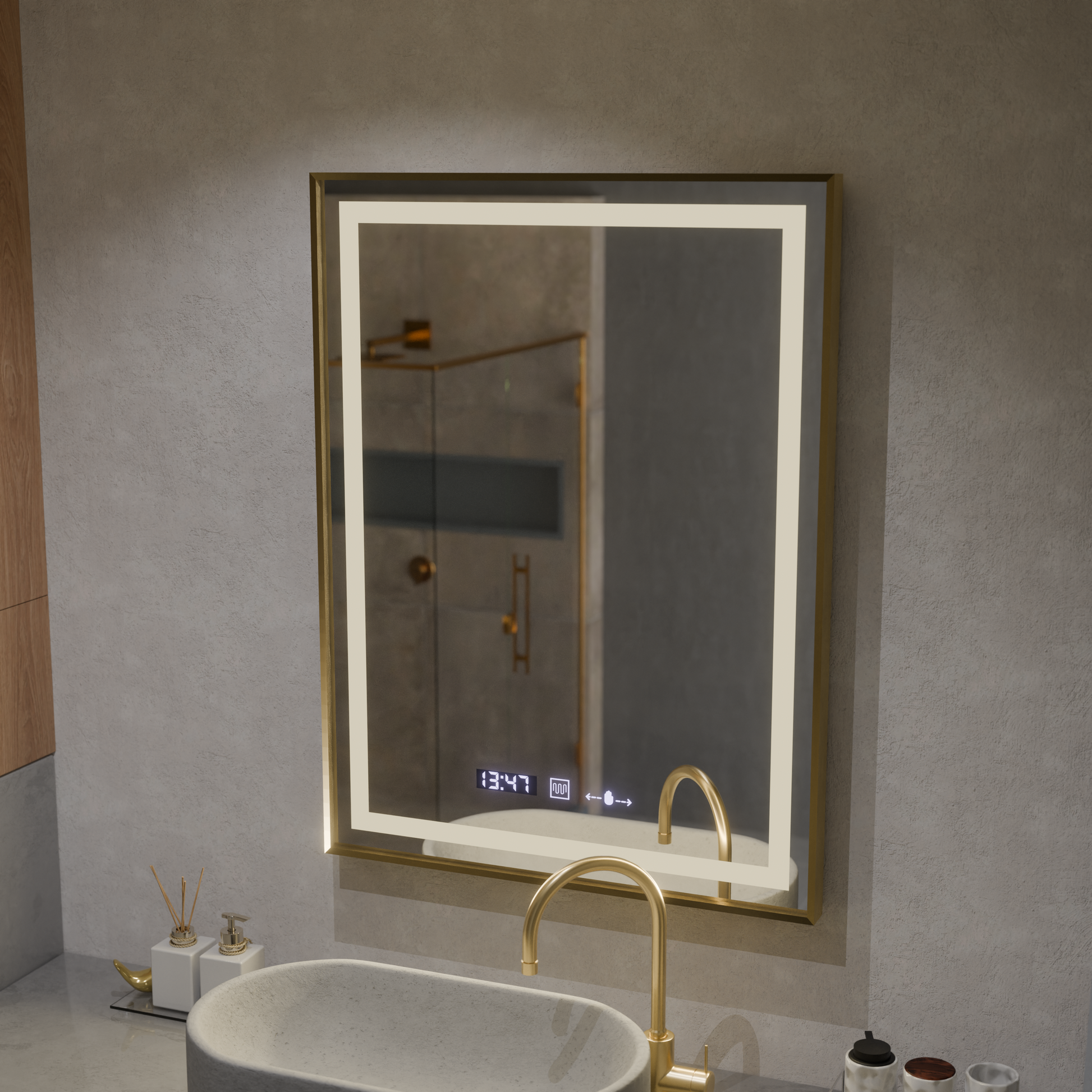 Rectangular LED Mirror, 60x80cm, Verite Royale Gold MotionGlow Marcello, De-fogging System, Clock & Thermometer, Dimable Mirrors Marcello Default Title Alessandro Design