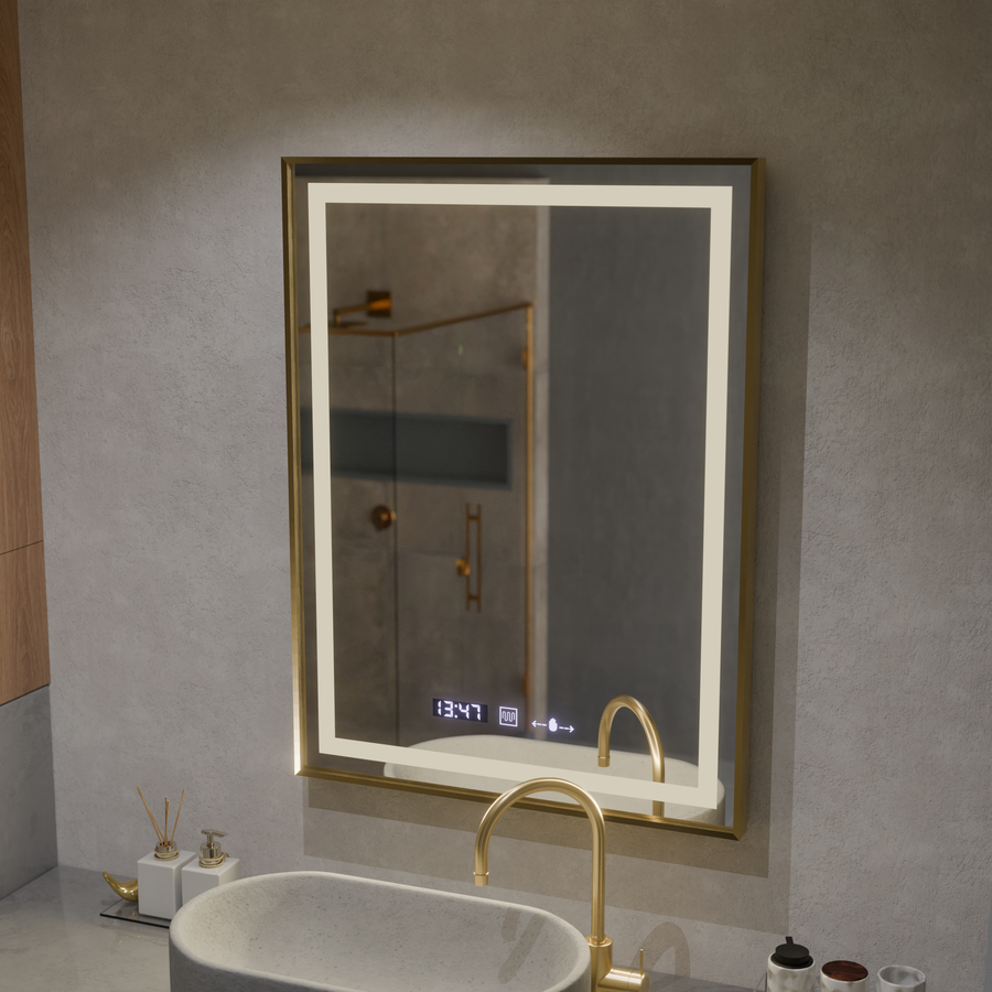Rectangular LED Mirror, 60x80cm, Verite Royale Gold MotionGlow Marcello, De-fogging System, Clock & Thermometer, Dimable Mirrors Marcello Default Title Alessandro Design