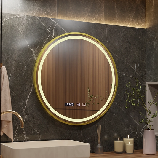 LUSSO LED Touch Mirror, Defog System, Clock and Temperature, Diameter 60cm, Brushed Gold Frame, Neutral Warm Light 3000K/4500K/6000K, Dimmable