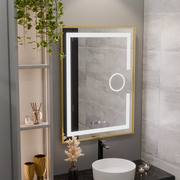 Rectangular LED mirror, 60x80cm, Eclat MotionGlow Marcello, Demister System, Clock & Thermometer, Cosmetic Magnifier, Dimable, Brushed Gold Frame