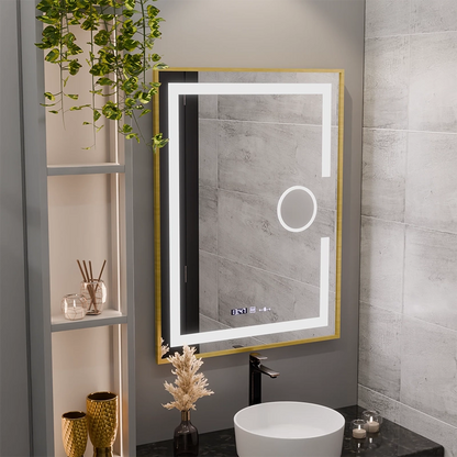 Rectangular LED mirror, 60x80cm, Eclat MotionGlow Marcello, Demister System, Clock & Thermometer, Cosmetic Magnifier, Dimable, Brushed Gold Frame