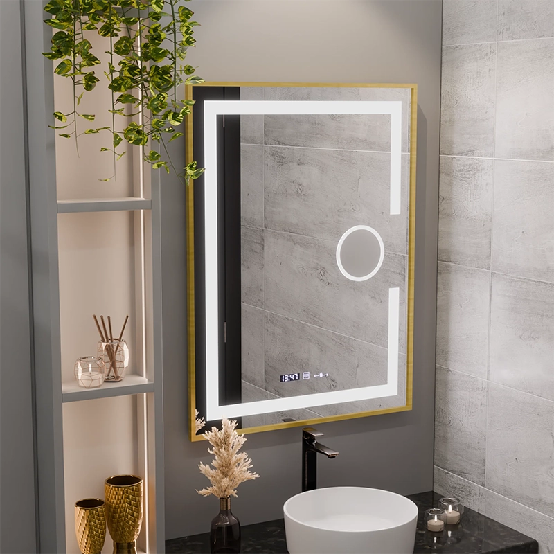 Rectangular LED mirror, 60x80cm, Eclat MotionGlow Marcello, Demister System, Clock & Thermometer, Cosmetic Magnifier, Dimable, Brushed Gold Frame