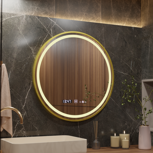 LED Round Mirror, 80cm, Celeste Royale Gold MotionGlow Marcello, De-fogging System, Clock & Thermometer, Dimable Mirrors Marcello Default Title Alessandro Design