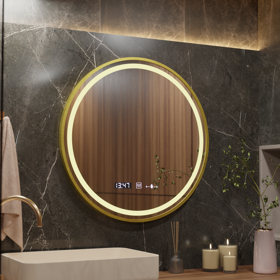 LED Round Mirror, 80cm, Celeste Royale Gold MotionGlow Marcello, De-fogging System, Clock & Thermometer, Dimable Mirrors Marcello Default Title Alessandro Design