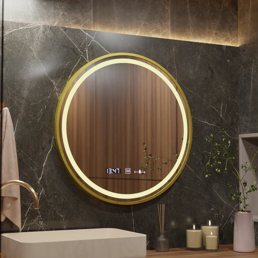 Round LED Mirror, 60cm, Celeste Royale Gold Eleve MotionGlow Marcello, De-fogging System, Clock & Thermometer, Dimmable, Detachable Strap Marcello Mirrors Default Title Alessandro Design