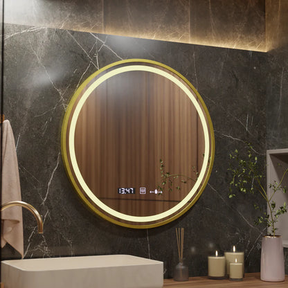 Round LED Mirror, 60cm, Celeste Royale Gold Eleve MotionGlow Marcello, De-fogging System, Clock & Thermometer, Dimmable, Detachable Strap Marcello Mirrors Default Title Alessandro Design