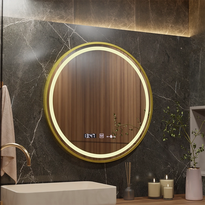 LED mirror MotionGlow sensor Faratya De-fogging system Thermometer and clock Round brushed gold frame Diameter 100 cm Cold/Warm/Neutral light Dimmable Marcello Funghi Collection