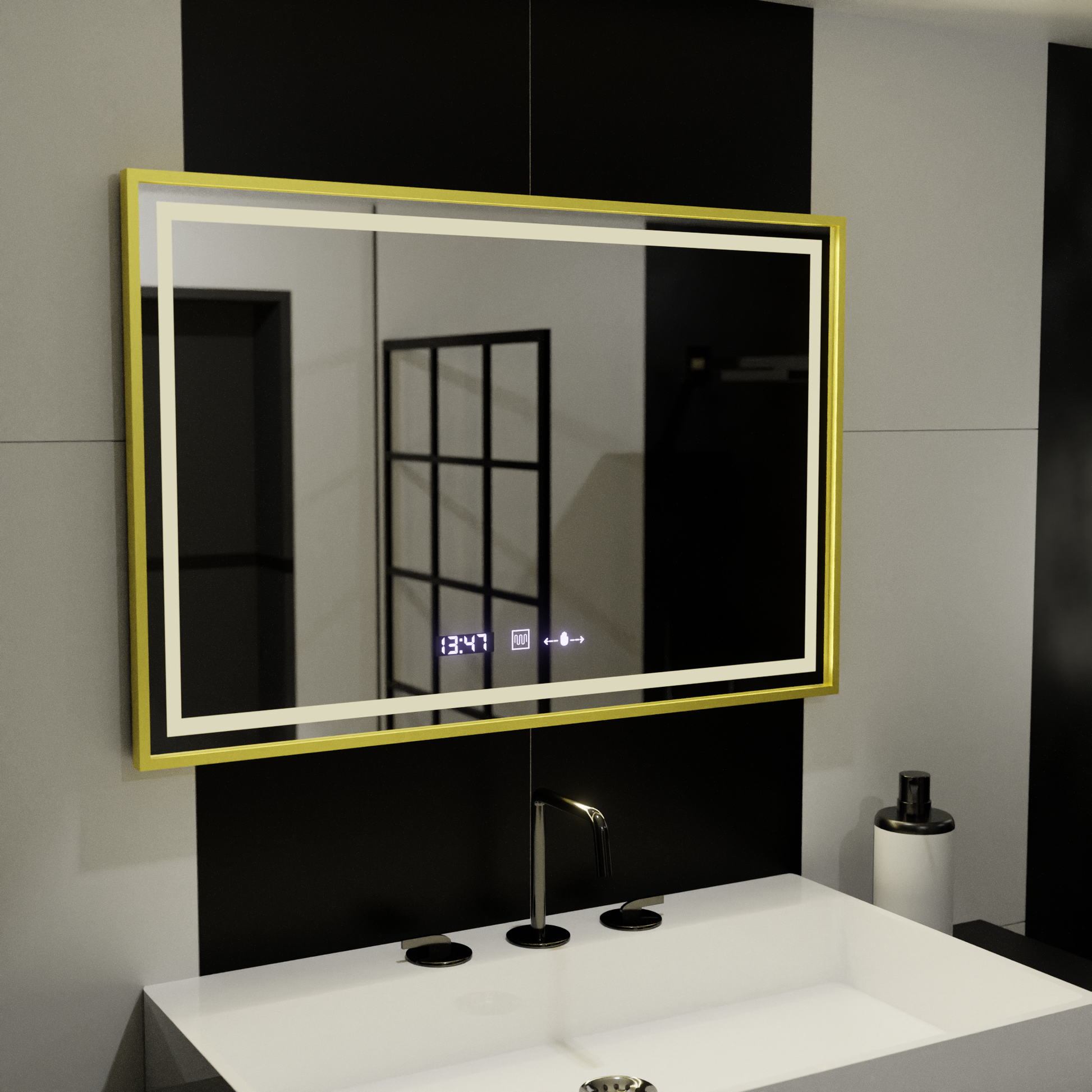 Rectangular LED Mirror, 100x65cm, Verite Royale Gold Motion Glow Marcello, Demisting System, Clock & Thermometer, Dimable Mirrors Marcello Default Title Alessandro Design