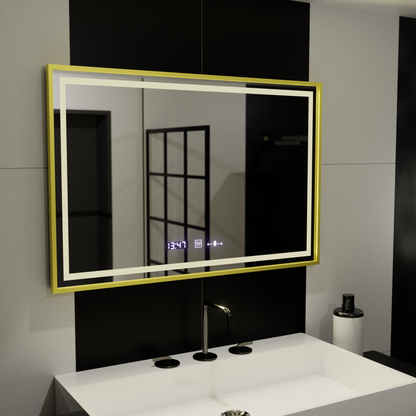 Rectangular LED Mirror, 100x65cm, Verite Royale Gold Motion Glow Marcello, Demisting System, Clock & Thermometer, Dimable Mirrors Marcello Default Title Alessandro Design