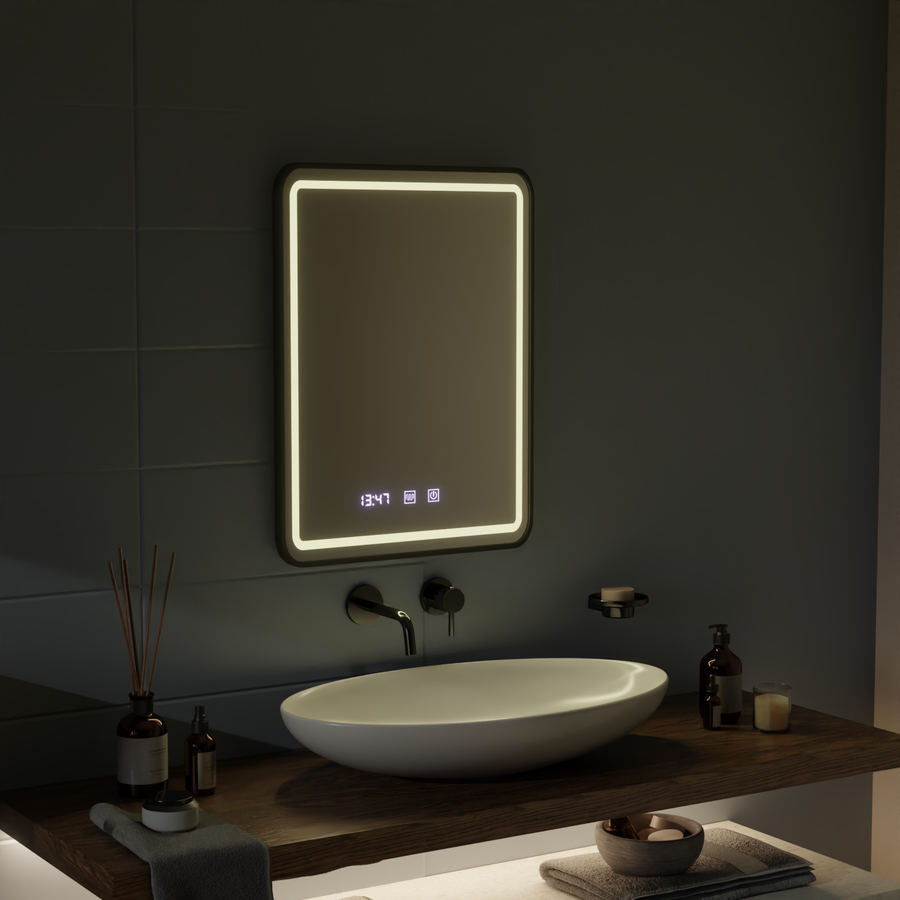 Mirror LED Touch LUCIDA Defogging System, Clock and Temperature 60x80 cm Frame Black Brushed Mirrors Korman S Default Title Alessandro Design