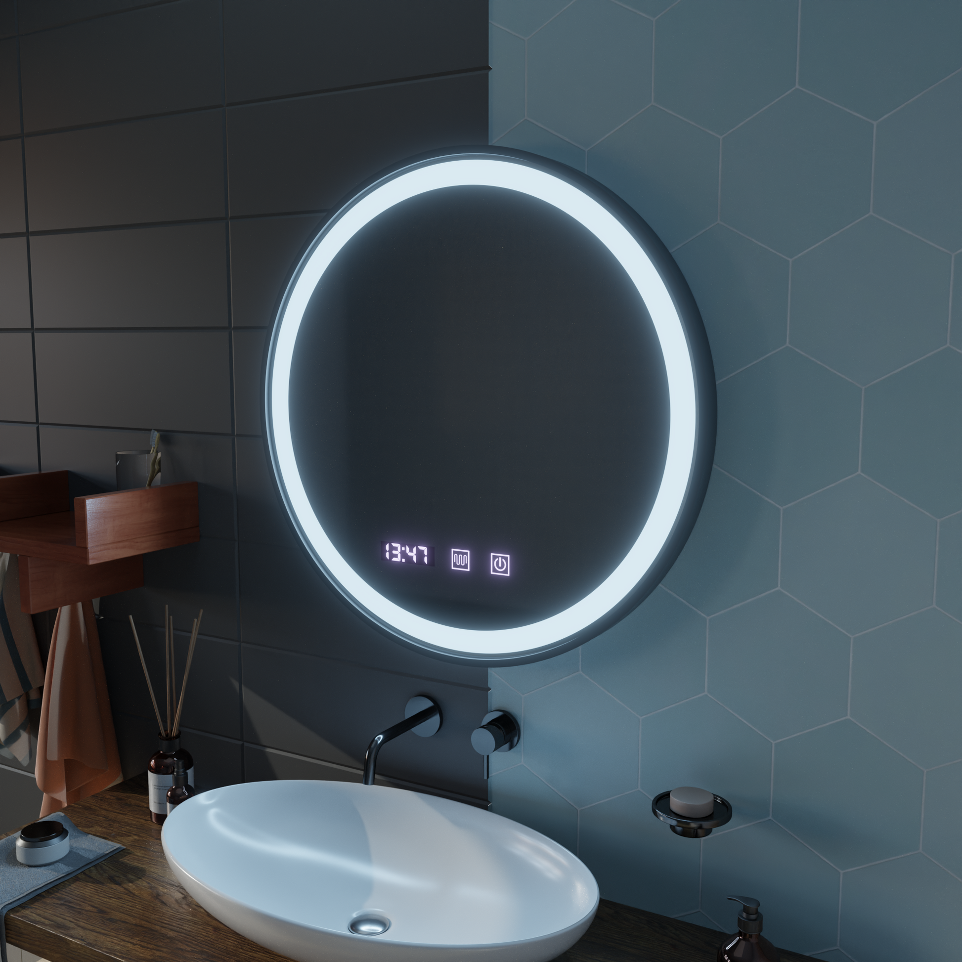 LED Touch Mirror NOVARA Demister System, Clock and Temperature 70 cm Black Frame Brushed Korman Mirrors S Default Title Alessandro Design