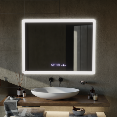 Rectangular LED mirror, 80x60cm, ELANCEE MotionGlow Marcello sensor, De-fogging system, Clock & Thermometer, Dimmable