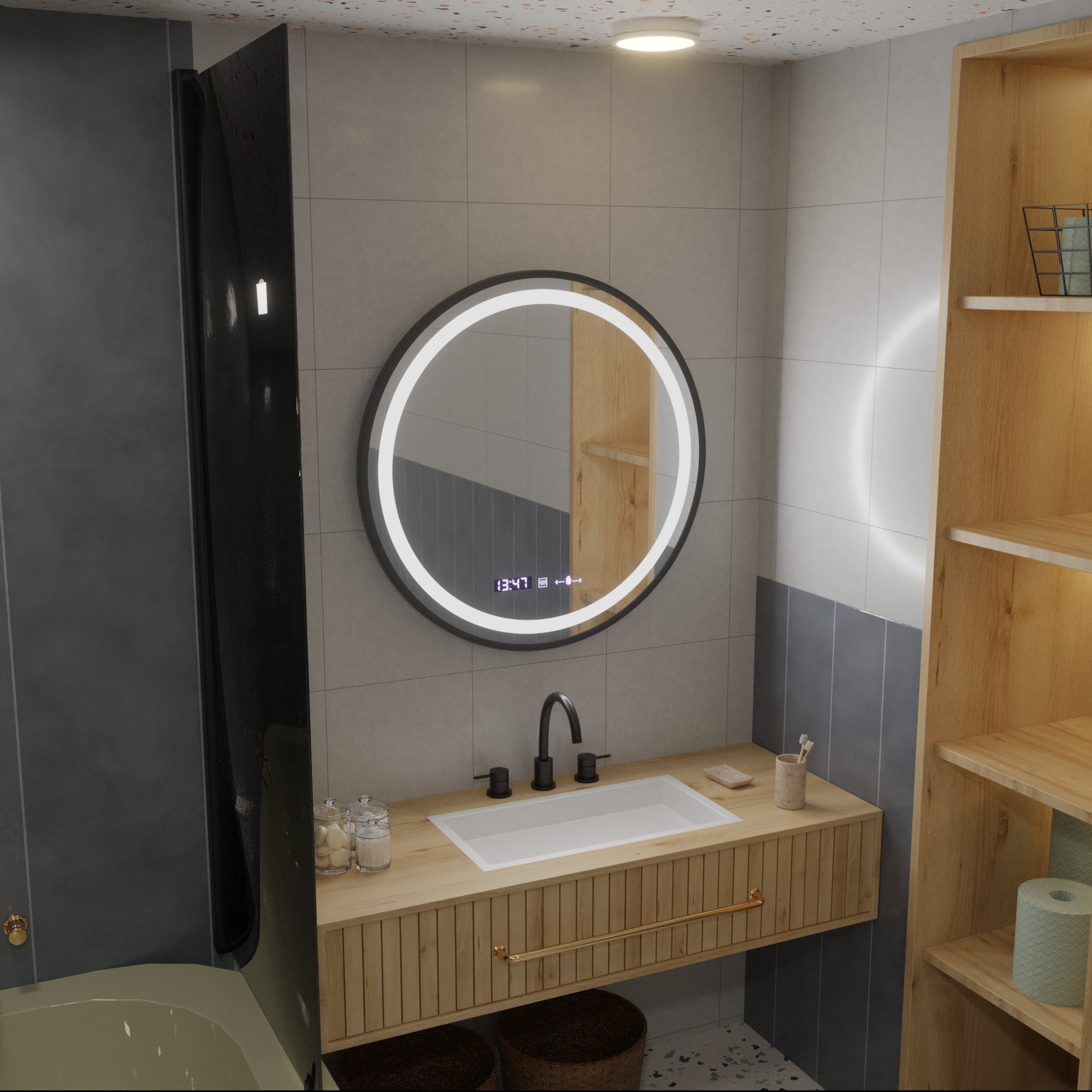 LED Round Mirror, 100cm, Celeste Majesté Noir MotionGlow Marcello, De-fogging System, Clock & Thermometer, Dimable Mirrors Marcello Default Title Alessandro Design